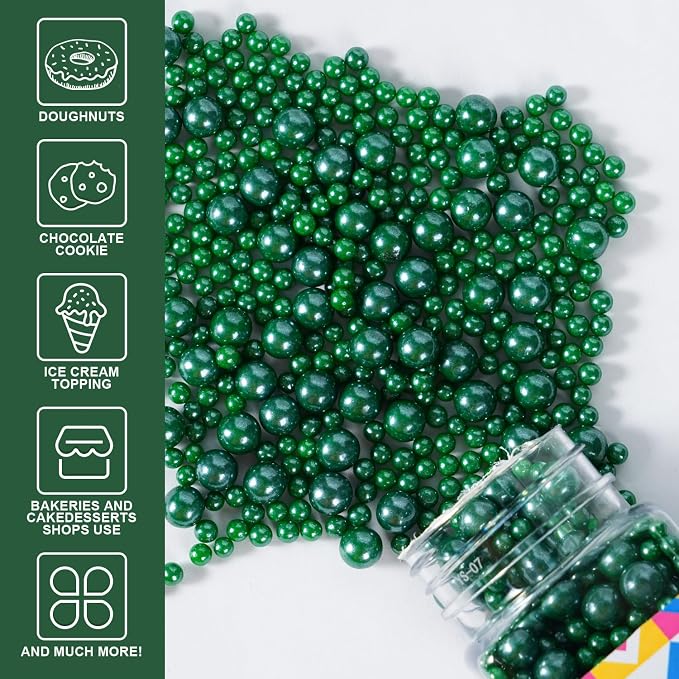 Green Sprinkles for Cake Decorating, 100g/3.5oz Edible Christmas Green Pearl Sprinkles Mix, Sugar Candy Pearls for Baking, Cookie Decorations and Cupcake Toppings, Wedding Party St Patrick Day Holiday Supplies