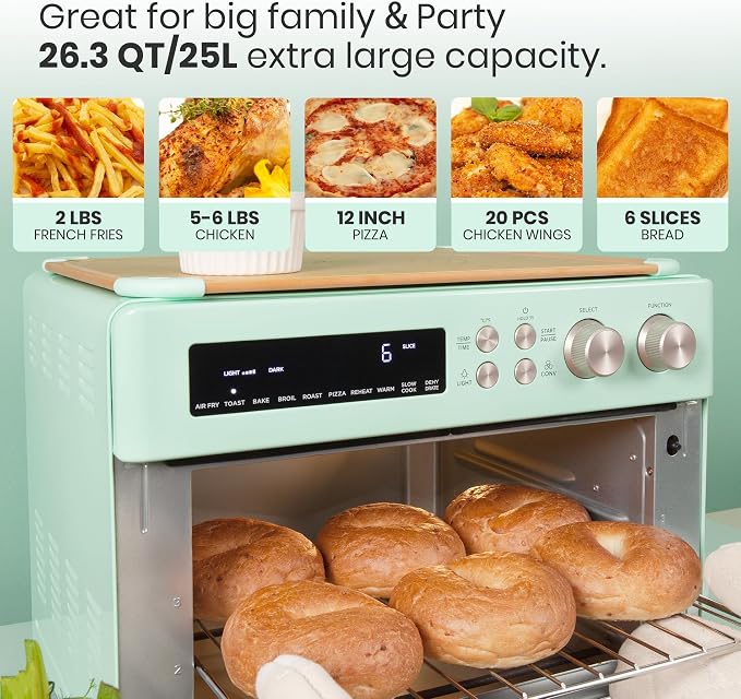 VAL CUCINA Retro 26.3 QT Infrared Heating Air Fryer Toaster Oven, Large Countertop Convection Oven 10-in-1 Combo, 6-Slice Toast, Enamel Baking Pan Easy Clean with Recipe Book