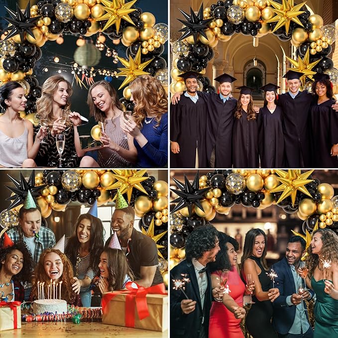 Bonropin Black and Gold Balloon Garland Arch Kit 158pcs with Black Gold Confetti Balloons, Star Foil Balloons, for Graduation New Year Anniversary Birthday Party Decorations