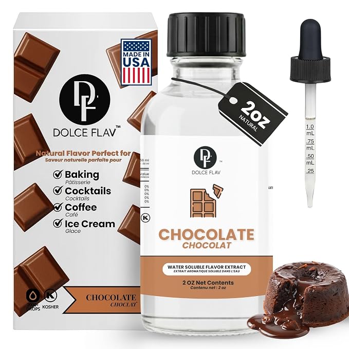 Dolce Flav Natural Chocolate Extract – 2 Ounce Water-Soluble Kosher, Sugar-Free, Concentrated Chocolate Flavor for Baking, Coffee, Ice Cream, Smoothies & Desserts, Includes Measured Dropper