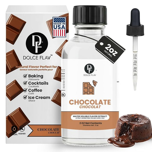 Dolce Flav Natural Chocolate Extract – 2 Ounce Water-Soluble Kosher, Sugar-Free, Concentrated Chocolate Flavor for Baking, Coffee, Ice Cream, Smoothies & Desserts, Includes Measured Dropper