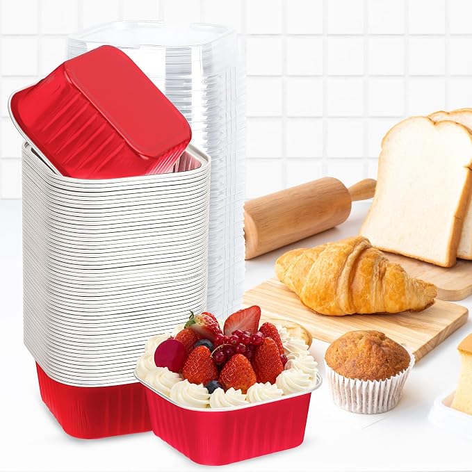 100Pack 5oz Christmas Mini Cake Pans with Lids Baking Cups Aluminum Foil Pans Tins, Individual Dessert Cups Containers for Sales,Party,Picnics Red