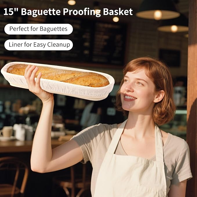 Banneton Bread Proofing Basket - 15 Inch Baguette Sourdough Bread Basket with Liner - Set of 2- Natural Rattan-Mother's Gifts