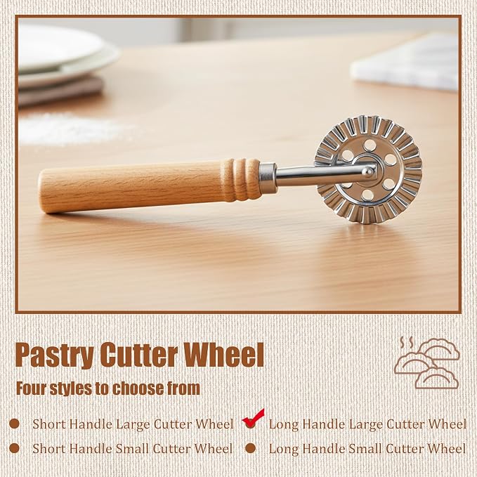 Long Handle Large Cutter Wheel - Exquisite Wooden Handle, Perfect for Pasta, Pizza, Ravioli, Pastry,Cookie - Versatile Crinkle and Biscuit Cutter for Effortless Slicing