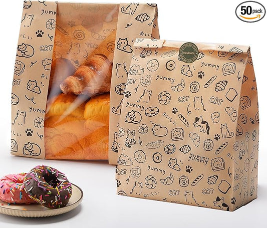 50PCS Paper Bread Bags for Homemade Bread and Sourdough, Clear Window Bakery Bags for Storage and Gifting, 50% Thicker Kraft Material, Includes Sealing Stickers