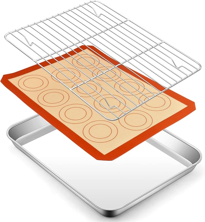 P&P CHEF 12.5 Inch Baking Oven Sheet Pan with Rack & Mat for Cookie, Stainless Steel Oven Sheet Tray Cooling Rack and Silicone Mat for Baking & Roasting, Dishwasher Safe & Healthy, 3Pcs