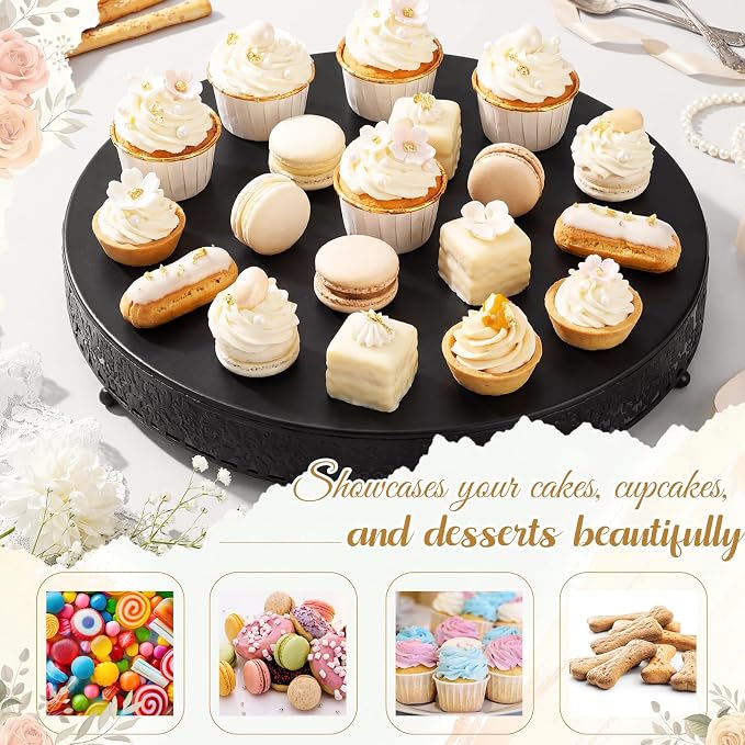 Wenqik 18 Inch Black Cake Stand Set Metal Round Cupcake Dessert Stand with Cake Cutting, Flower Spatula Wedding Cupcake Pastry Display Candy Holder Display for Wedding Party Birthday Baby Shower