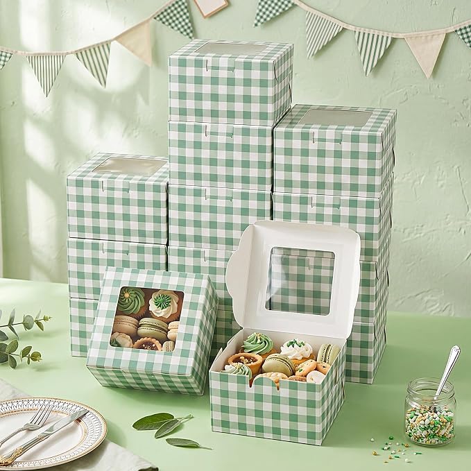 50 Pack Sage Green Gingham Cookie Boxes with Window, Plaid Small Bakery Treat Boxes for Pastry Donuts Macaroon Cupcakes, Wedding Bridal Shower Birthday Tea Party Baby Shower Favors