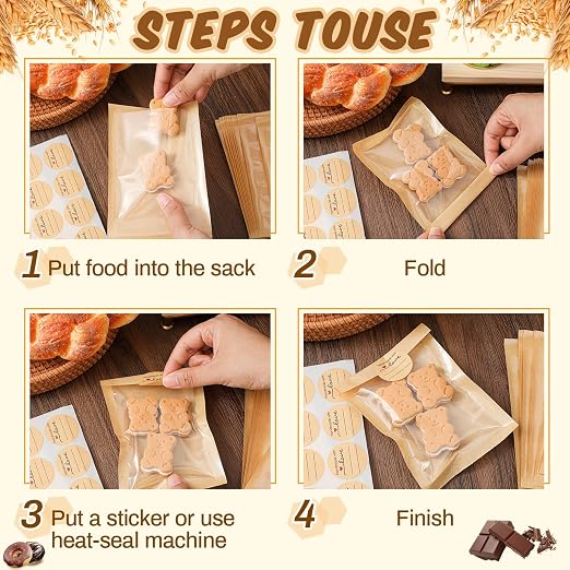 Outus 200 Pcs Cookie Packaging Bags with Seal, 4 x 6 Inch Bakery Pastry Bags with Window, Heat Sealable Grease Resistant Paper to Go Bake Sleeves for Gift Giving Donut Bread Sandwich (Brown)