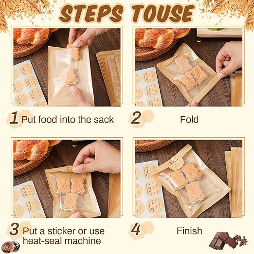 Outus 100 Pcs Cookie Packaging Bags with Seal, 4 x 6 Inch Bakery Pastry Bags with Window, Heat Sealable Grease Resistant Paper to Go Bake Sleeves for Gift Giving Donut Bread Sandwich (Brown)