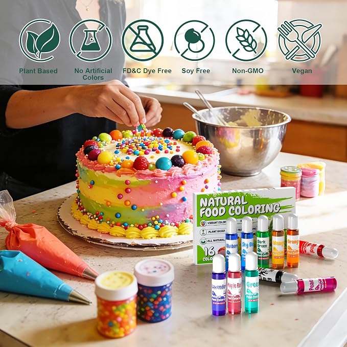 Natural Food Coloring - 16 Colors Dye Free Food Coloring, Liquid Plant Based Food Dye for Baking, Cake Decorating, Frosting, Fondant, Easter Eggs & Cookies, 10ml (0.35 Fl Oz)
