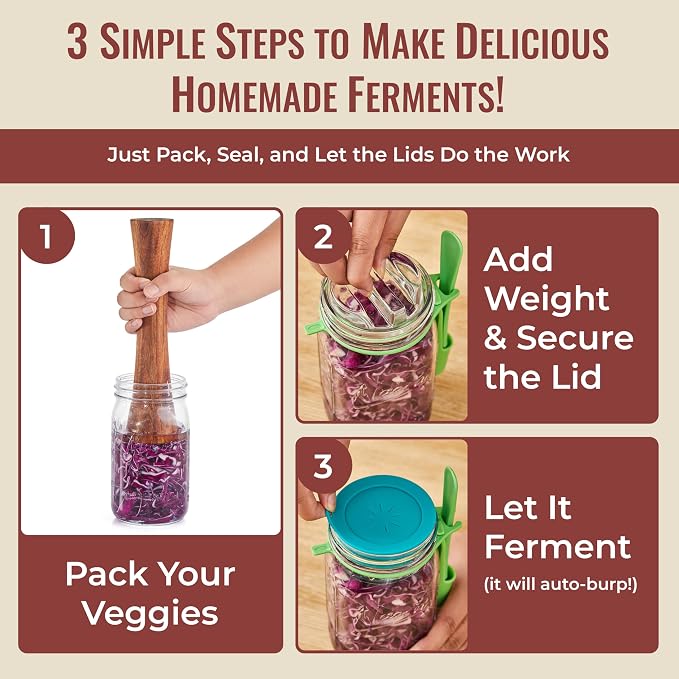 Basic Fermentation Kit for Wide Mouth Mason Jars - 6 Pack Silicone Fermenting Lids, Waterless Airlock Fermentation Tops for Pickles, Kimchi, Fermented Probiotic Food - Weights NOT Included