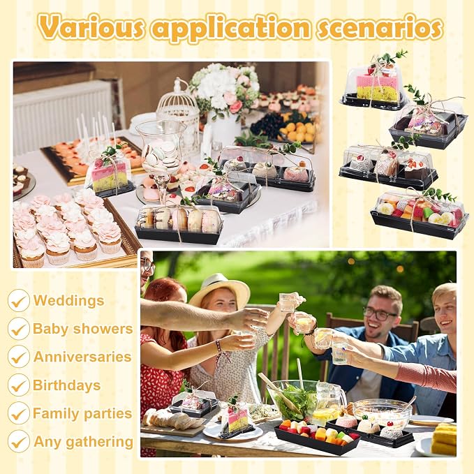 LemonRoad 100 Sets 4 Styles Charcuterie Boxes with Clear Lids Cake Slice Containers with Eucalyptus Leaves Plastic Bakery Packaging Supplies for Cake Snack Dessert Cookie Sandwich(Black)