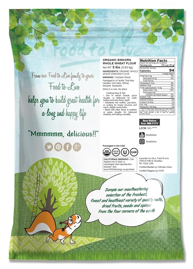 Food to Live Organic Einkorn Whole Wheat Flour, 8 Pounds – Finely Milled, Rich Fiber, Great for Baking Bread, Pizza, Pancakes, Muffins, USDA Certified, Non-GMO, Raw, Vegan, Kosher, Bulk