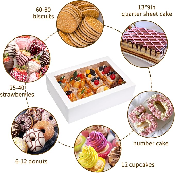 Moretoes 10pcs 14x10x4in Sheet Cake Boxes with Cake Board, White Rectangle Bakery Boxes with Window, for Quarter Sheet Cakes, Donuts, Cupcakes, Brownie&Pie