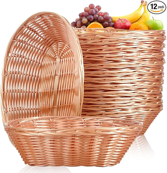 12 Pack Plastic Oval Woven Baskets,10"L x 6"W x 3"H Inch Small Bread and Fruit Baskets for Food Storage,Serving,Gift Packaging, Kitchen,and Restaurant Display or Storage basket etc.
