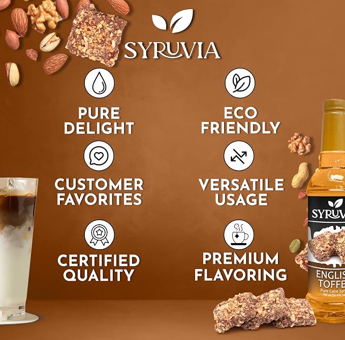 Syruvia Coffee Syrup, English Toffee Flavored Syrup for Drinks, Lattes, and Desserts – 25.4 fl oz - with Pump