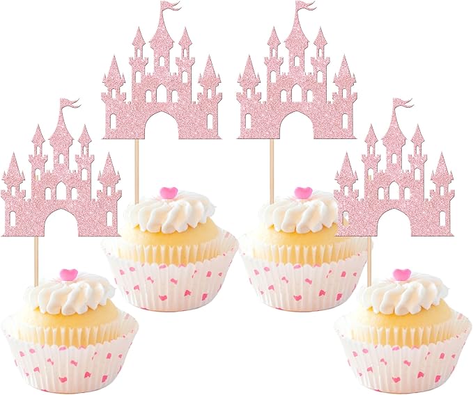 24 PCS Castle Cupcake Toppers Glitter Princess Cupcake Toppers Castle Theme Birthday Party Decoration Princess Birthday Cake Decoration for Baby Shower Princess Birthday Party Supplies Light Pink