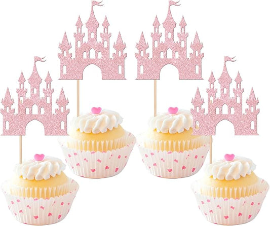 24 PCS Castle Cupcake Toppers Glitter Princess Cupcake Toppers Castle Theme Birthday Party Decoration Princess Birthday Cake Decoration for Baby Shower Princess Birthday Party Supplies Light Pink