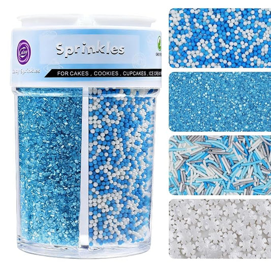 Winter Sprinkles for Cake Decorating 8 oz, Blue and White Frozen Snowflake Sprinkles Christmas and Holiday Assortment, Edible Jimmies, Nonpareils and Sanding Sugar for Decorating Cookies, Baking, Cupcakes, Cakes, Desserts