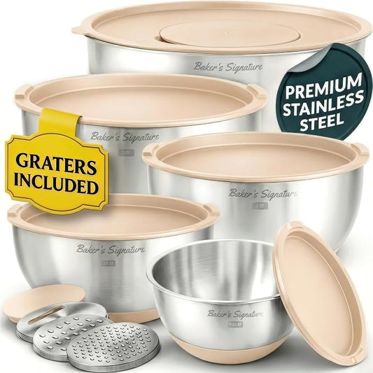 Baker's Signature Stainless Steel Mixing Bowls with Lids Set, 5 Sizes, 3 Graters, Non-Slip Base, Airtight Lids, Metal Mixing Bowls for Kitchen, Food Prep, Storage, 0.63QT-5QT, Khaki