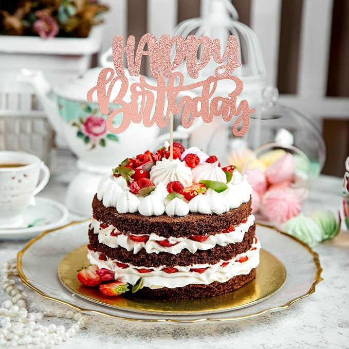 Gyufise 1Pcs Happy Birthday Cake Topper Glitter Cake Pick for Celebrating Anniversary Theme Party Cake Decorations Supplies Rose Gold