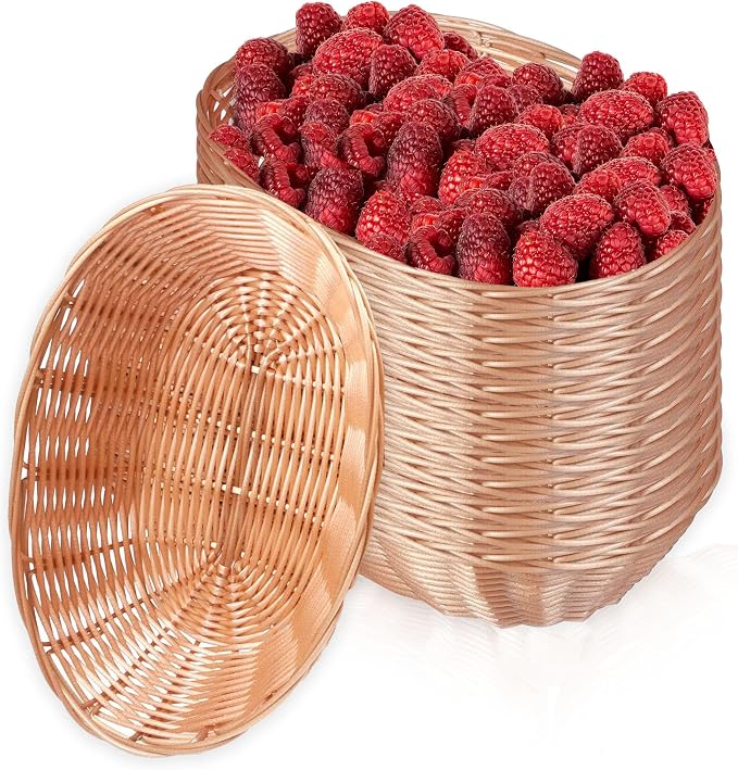 Nexboraque 12 Pack Plastic Oval Basket, Empty Bread Basket 10 x 6.25 x 3 Inch Food Storage Basket Bulk, Plastic Wicker Baskets Bin for Kitchen Serving, Centerpiece Display, Christmas Gifts, Brown