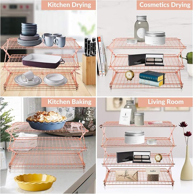 Geesta 2/3/4-Tier Collapsible Cooling Rack with Adjustable 3 Setting Design Stackable Cooling Roasting Cooking for Cookies Baking - Copper Cooking Utensils