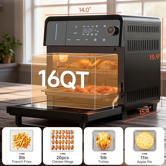OUNIN Air Fryer Toaster Oven Combo, 11-in-1 Countertop Steam Oven with Self-Cleaning, Dual Cook, Bake, Roast, Dehydrate, 90-430°F, 16QT Capacity