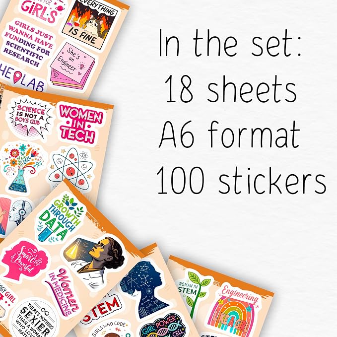 100Pcs Women in Stem Stickers for Water Bottle, Laptop - Woman in Science Stickers - Engineering, Women in Stem Gifts, Science Party Supplies - Gift for Women & Men