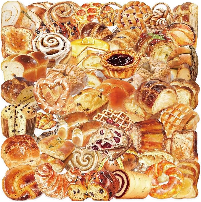 Tempting Bread Stickers ，50 PCS Bread Food Themed Waterproof PET TransparentSticker Vinyl Decals Supplies Bakery Favors Party Decor Water Bottles Laptop Phone Helmet Scrapbooks Gifts Birthday