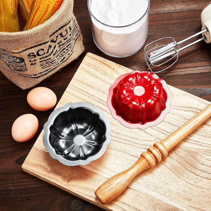 Ctosree 16 Pcs 4 Inches Fluted Mini Cake Pan Nonstick Fluted Cake Pan Carbon Steel Tube Metal Tube Oven Baking Mold with Flower Shape for Cupcake (Red)