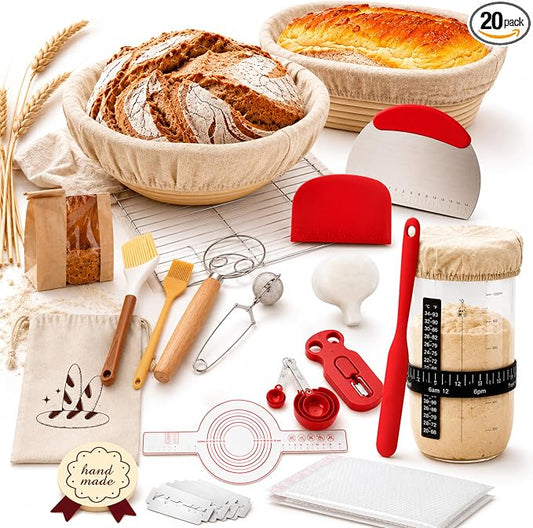Sourdough Starter Kit, 62-Piece – 9" Round & 10" Oval Banneton Proofing Baskets, Linen Liners, Bread Lame, Dough Whisk, Scrapers, Starter Jar, Cooling Rack and Bread Bags
