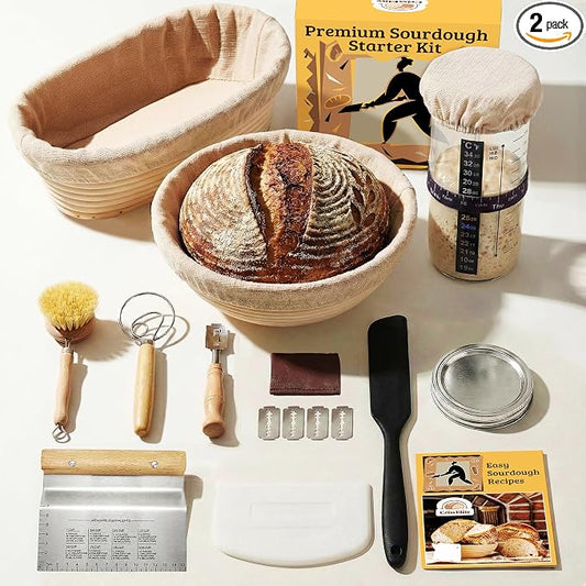 Sourdough Starter Kit – Complete Sourdough Bread Baking Supplies with 24oz Glass Sourdough Starter Jar, 9” Round & 10” Oval Banneton Proofing Basket Set, Sourdough Tools – Artisan Gift for Bakers