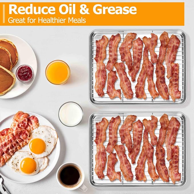 Homikit Quarter Sheet Pan with Rack Set (2 Sheets + 2 Racks), 9x13 Stainless Steel Baking Sheets with Cooling Racks Non Toxic, Metal Cookie Bacon Tray for Toaster Oven Baking Cooking, Dishwasher Safe