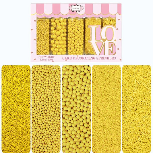 Confect Yellow Sprinkles | Sprinkle for Cakes & Cupcakes Decoration | Galaxy Sprinkles | Assorted Pack of 5 Summer Break Party Celebration Mix Dragees, Jimmies & Sparkling Sugar | Vegan, Gluten-Free, Soy-Free, Dairy-Free, Palm Oil-Free- 5 Oz