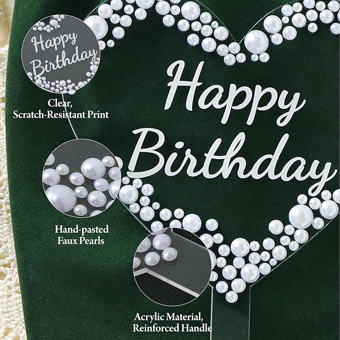 Coucoland Birthday Cake Topper - Heart Acrylic Cake Decor with Elegant Pearls for Party Supplies