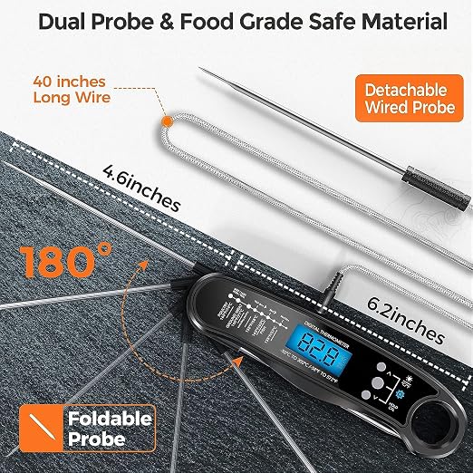 New 2-in-1 Instant Read Meat Thermometer for Cooking, Fast & Precise Digital Food Thermometer with Backlight, Magnet, Waterproof and Dual Foldable Probe for Kitchen Oven, Deep Fry, BBQ, Grill (Black)