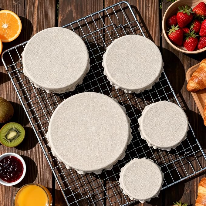 5 Pack Reusable Bowl Covers for Bread Proofing, 4/6/8/10/12 Inch Linen Bowl Covers with Elastic Rim, 100% Natural Organic Linen, Unbleached, Elastic Lids for Sourdough, Dough Proofing and Food Storage