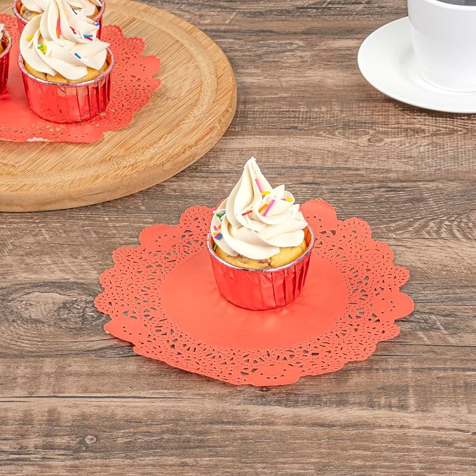 Restaurantware Paper Doilies 100 Pack of 8 Inch Lace Disposable Table Decor Red Round Shape Decorative Presentation