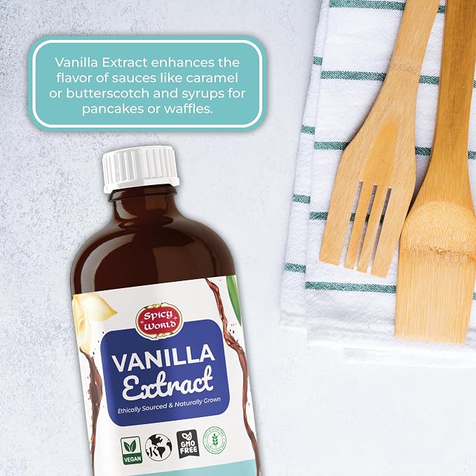 Spicy World Pure Vanilla Extract 8oz - 100% Real Vanilla Extract - Made from Grade B Vanilla Beans - For Cooking, Drinks & Desserts - 100% Vegan, Sugar Free & Kosher - Non-GMO & Gluten-Free - Glass Bottle (8 Ounce Bottle)