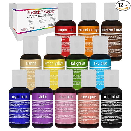U.S. Cake Supply 12 Color Cake Food Coloring Liqua-Gel Decorating Set - .75 fl. Oz. (20ml) Bottles Primary Colors