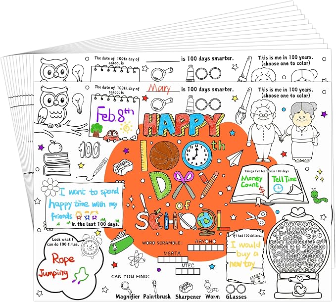 45pcs 100th Day of School for Kids Disposable Coloring Poster 100 Days Gifts School Classroom Activities Paper Table Mats Bulletin Board Decor