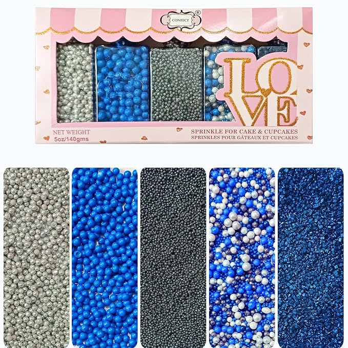 Confect Sprinkles- Graduation Day Disco Ball Mix Sprinkle – 5-Pack Assorted Silver, Black & Blue Dragees with Navy Blue Sparkling Sugar – Edible Decorations for Cakes, Cupcakes & Cookies –Vegan, Gluten-Free, Nut-Free, Soy-Free, Dairy-Free, Palm Oil-Fre...