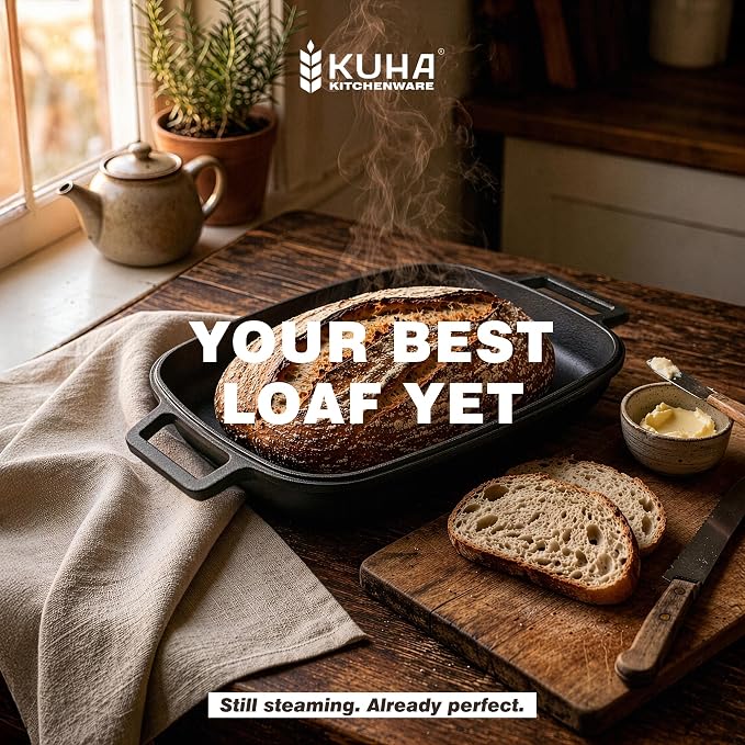 KUHA Cast Iron Bread Oven with Lid | Oval Sourdough Dutch Oven for Bread Baking | Pre-Seasoned Cast Iron Bread Pan | Bread Lame Included