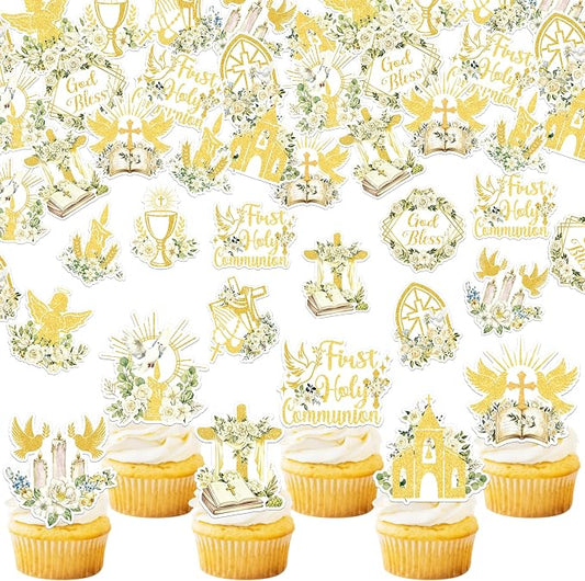 60 PCS Edible God Bless Cupcake Toppers Dove Cross Baptism Cupcake Picks Edible Church Floral First Communion Cake Decorations for Gold Bless Baptism Theme Baby Shower Birthday Party Supplies Gold