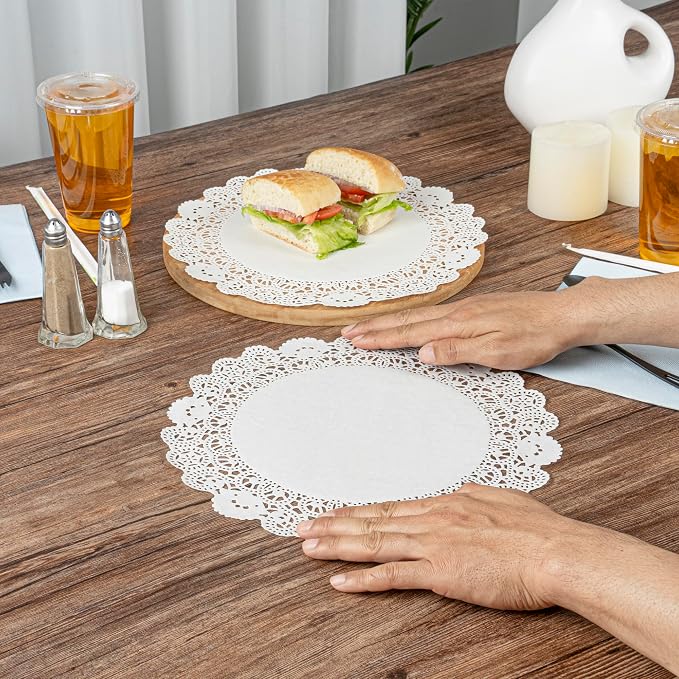 Restaurantware Pastry Tek 12 x 12 Inch Lace Doilies 100 Decorative Tableware Placemats - Disposable Round White Paper Table Doilies For Birthdays Or Weddings Table Decor