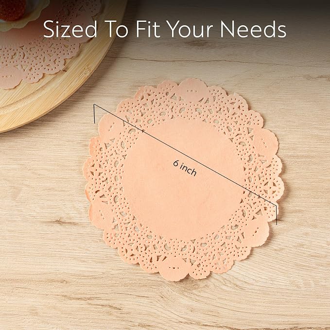 Pastry Tek 6 x 6 Inch Paper Lace Doilies, 100 Disposable Table Doilies - Elegant Lace Finish, Long Lasting, Coral Paper Doily, for Pastries, Cupcakes, Desserts - Restaurantware