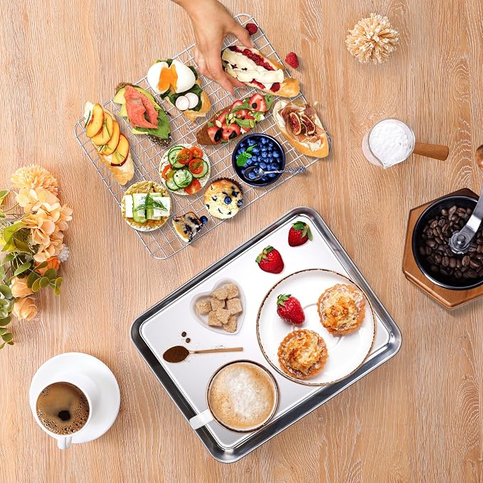 Homikit Quarter Sheet Pan with Wire Rack Set (2 Baking Sheets+2 Racks), Stainless Steel Baking Tray with Grid Cooling Rack for Toaster Oven Roasting, Metal Bacon Cookie Jelly Roll Pan, 12" x 10" Inch