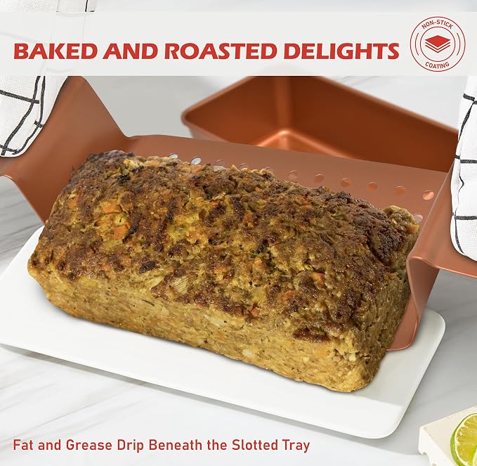 PERLLI Meat Loaf Pan with Drip Tray – 2 Pc. 9.8 x 5.7 In. Copper Nonstick Meatloaf Pan with Drain Tray – Large BPA-Free Oven Loaf Pan for Baking, Bread, Cakes, Roasting Meat, & More